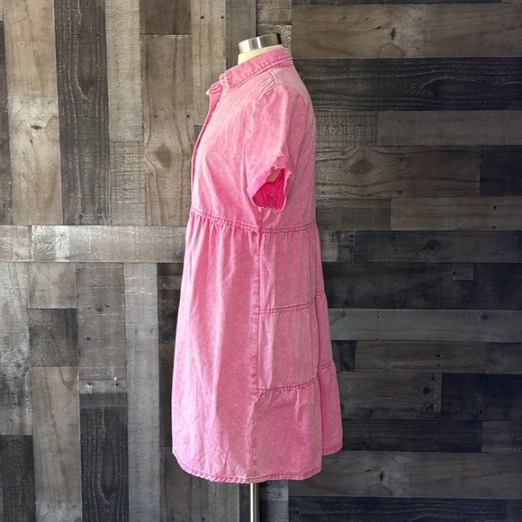Pink denim button up dress medium pastel hyper feminine Barbiecore festival boho - Picture 8 of 12